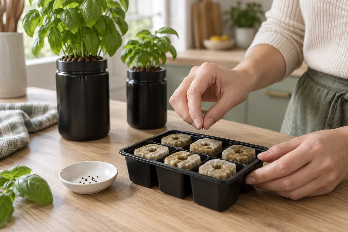 A woman's hands sowing basil seeds in moist propagation plugs, with established basil jars behind the tray.