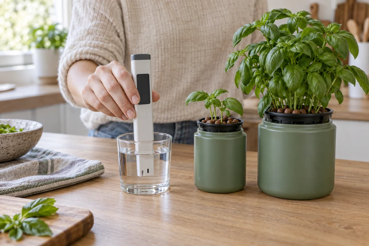 A woman's hand holding an EC meter in a sample cup beside young and mature hydroponic basil jars.